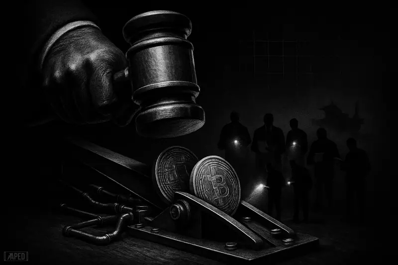 A giant gavel and leverage lever crush two unmarked crypto coins as suited inspectors crowd in, offshore shadows behind on a dark grid.