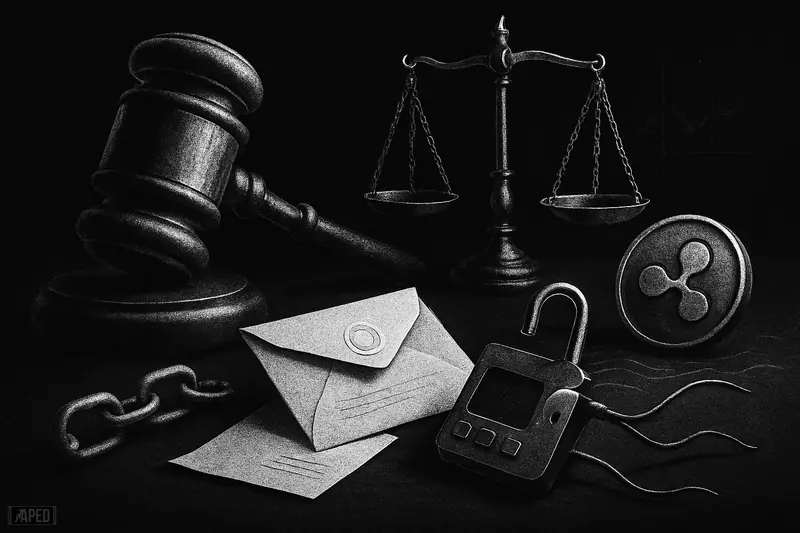 Oversized gavel, scales, and a blank sealed letter beside an unlocked hardware wallet, with a ripple-emblem token rising over a dark data grid.