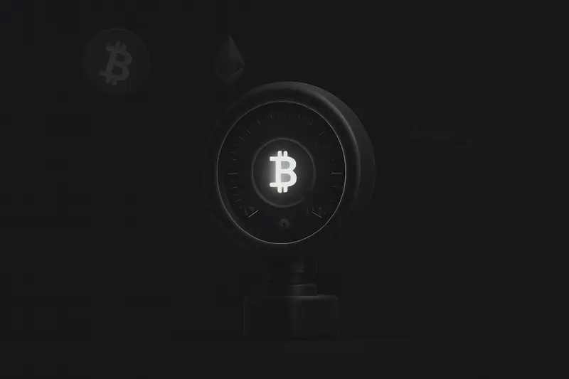 Glowing geometric coin sealed inside a dark metallic pressure gauge with tick marks and clamps, floating on a black background.