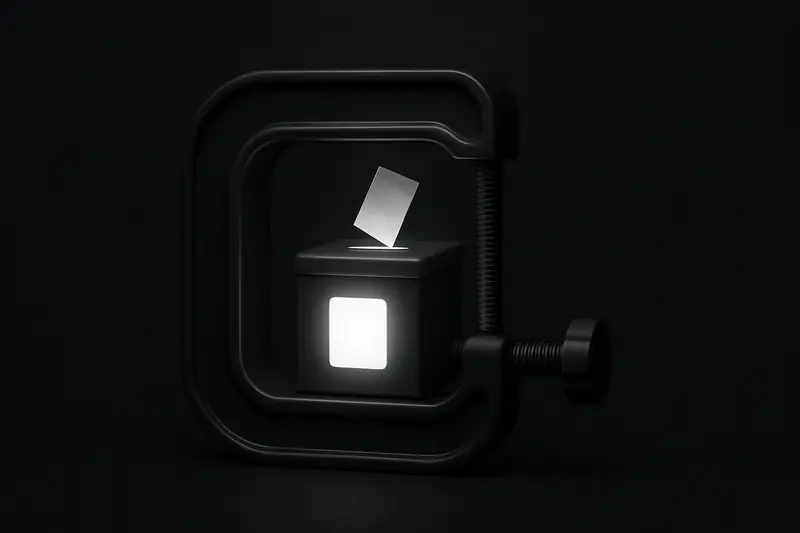 A glowing transparent ballot box trapped in a metallic vise, with faint circuit-like lines on a black background.