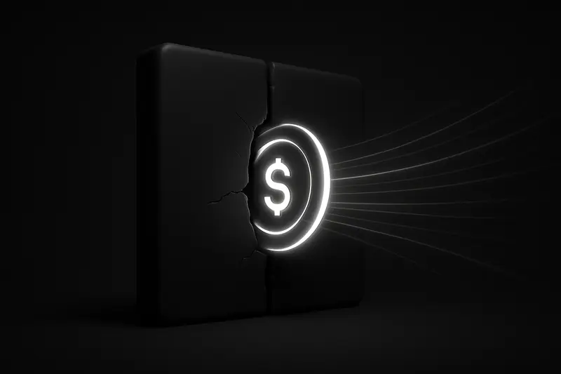 A neon coin-like ring threads through a cracked iron barrier, casting green light onto dark map-like gridlines.