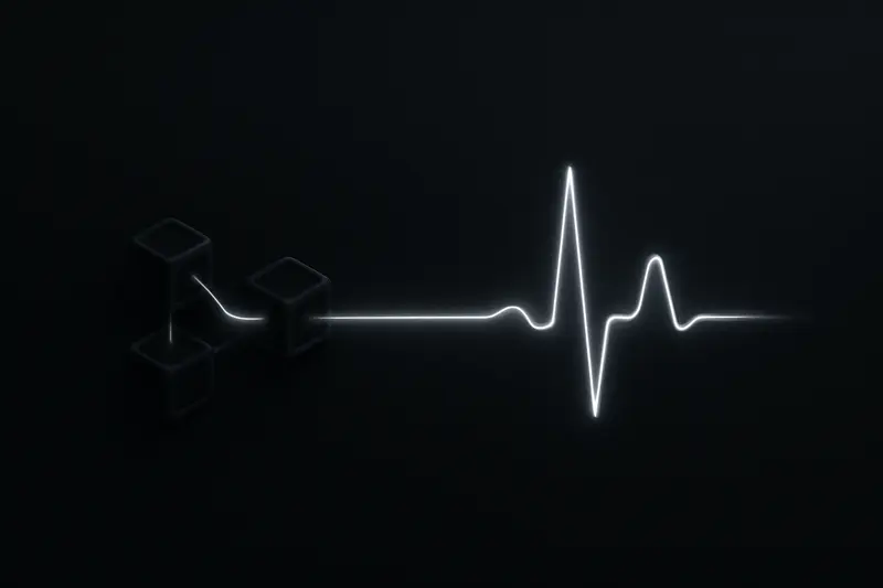 Neon-blue data pulses form a chain of blocks that transitions into an ECG line on a black background.