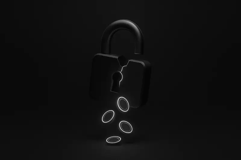 A shattered dark padlock above a black grid, spilling dim neon coin-like glows and broken data streams.