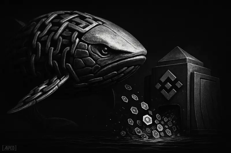 A giant chain-built whale faces a dark exchange fortress, suggesting heavy token inflow and market resilience in a tense grayscale scene.