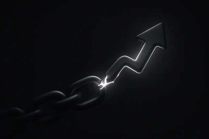 Neon-blue chain links on a black background, one link breaking open and reforming into a sharp upward arrow.