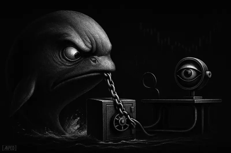 A tense-eyed whale drags chain links from a cold safe toward a shadowy trading desk, against a dark data-grid backdrop.