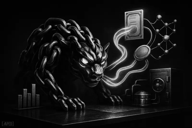 A metallic chain-link oracle creature channels live market data into tokenized stock objects in a dark grayscale financial scene.