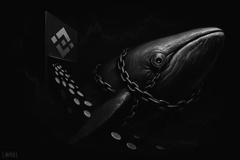 A giant chained whale rises through darkness as coins flow from an exchange-like vault against a black data-grid backdrop.