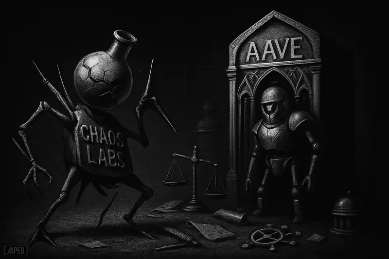 A mechanical lab creature retreats from a dark vault-like defi fortress amid broken tools, scales, and fractured network structures.