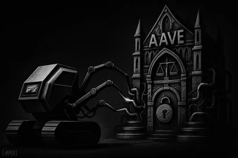 A dark grayscale machine withdraws from a towering vault-like fortress amid broken pipes, evoking a tense DeFi governance split.