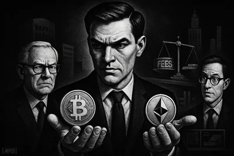 Three financial figures in a dark brokerage scene weigh crypto convenience against cost, with metallic Bitcoin and Ethereum symbols under moody lighting.