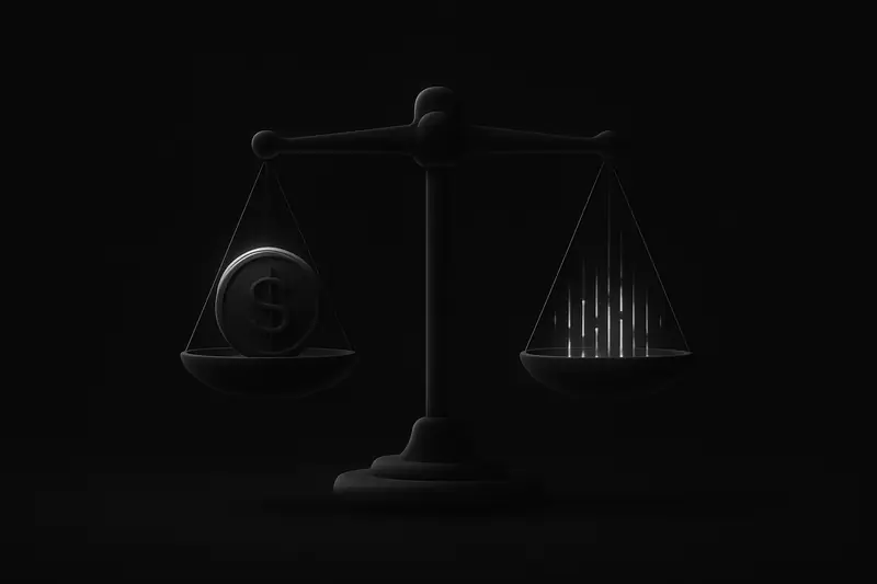 A luminous balance scale on a black background, weighing a glowing coin against flowing neon data streams and grid lines.