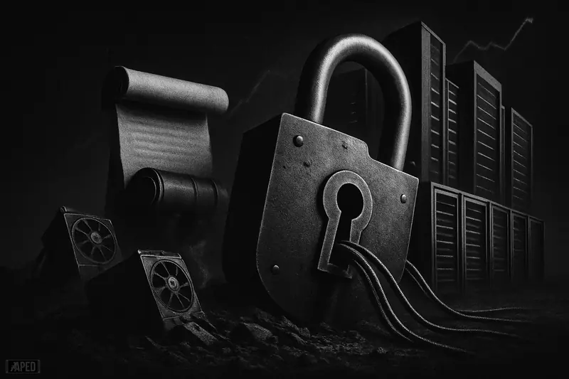 A dark grayscale scene of mining rigs giving way to towering data-center servers, with a giant contract scroll and vault suggesting new funding.