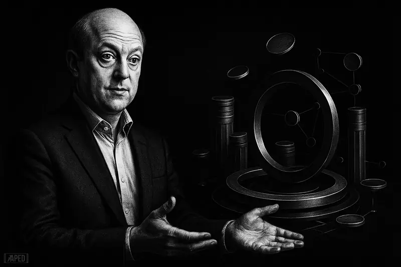 Jeremy Allaire stands in a dark futuristic blockchain scene, surrounded by circular network rings and staking structures in monochrome grayscale.