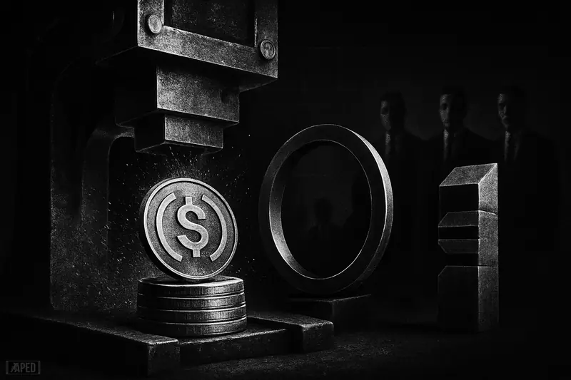 A giant minting machine forges stacks of stablecoin tokens beside a ring structure and crystalline tower, watched by shadowy institutional figures.