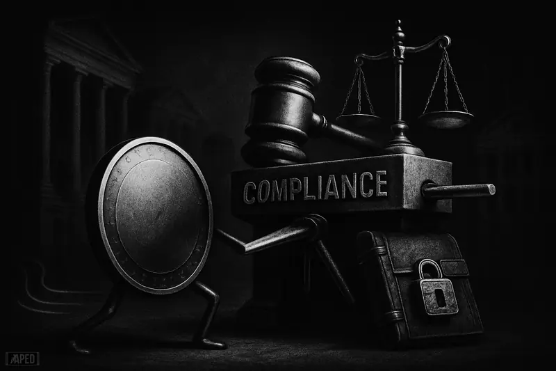 A circular emblem strains against a narrow regulatory gate with gavel and scales, Brussels buildings and bank silhouettes behind in dark monochrome.