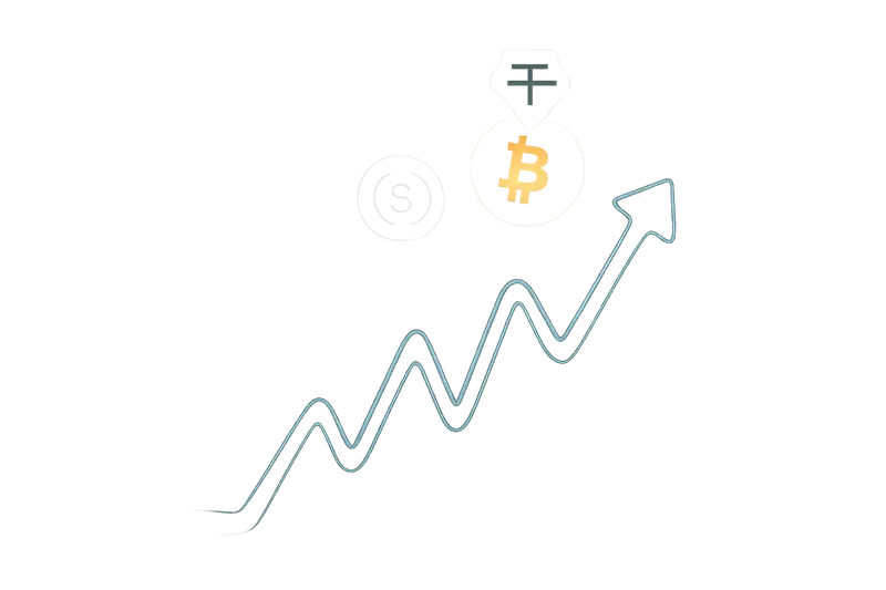 A luminous coin-like disc hovers above a rising neon line graph, with faint circuit patterns on a dark background.