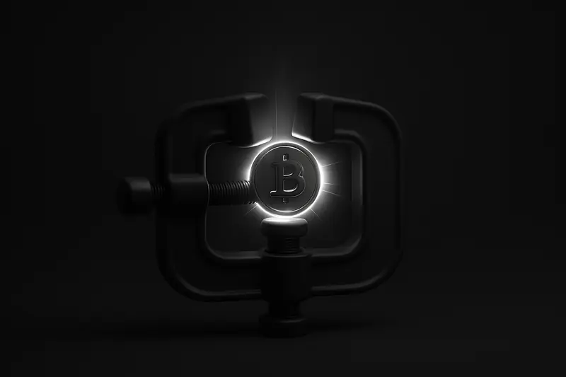 On a dark background, a luminous circular coin bursts upward as a matte-black vise clamps and fractures around it.