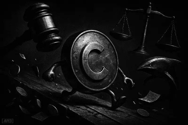 A monochrome ring-shaped financial machine slides downhill under a gavel, tilted scale, and rival payment creature in a dark data-grid scene.