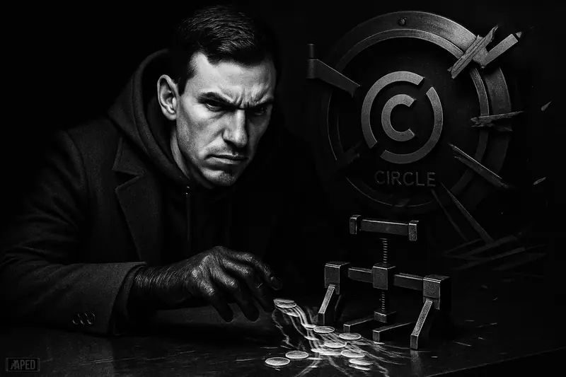 ZachXBT caricature investigates escaping stablecoin discs before a malfunctioning vault in a dark grayscale crypto security scene.