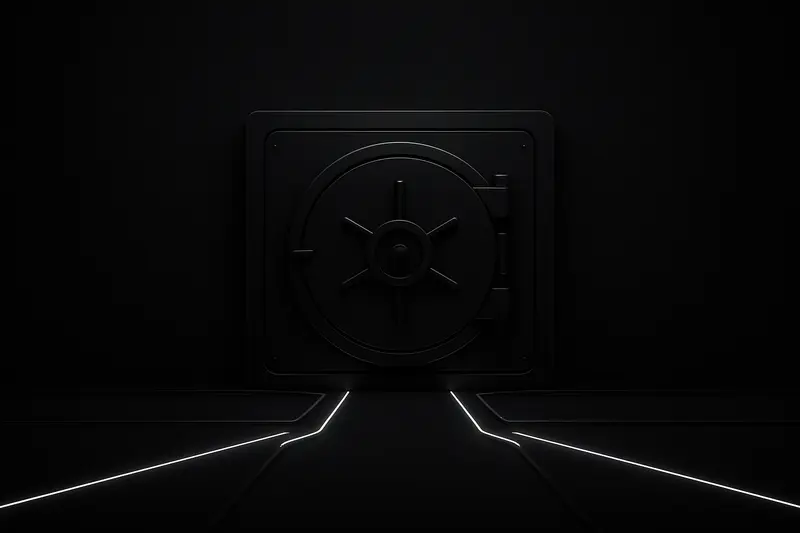 Monolithic black steel vault door with thin orange-gold glowing circuit rails feeding into it on a dark background.