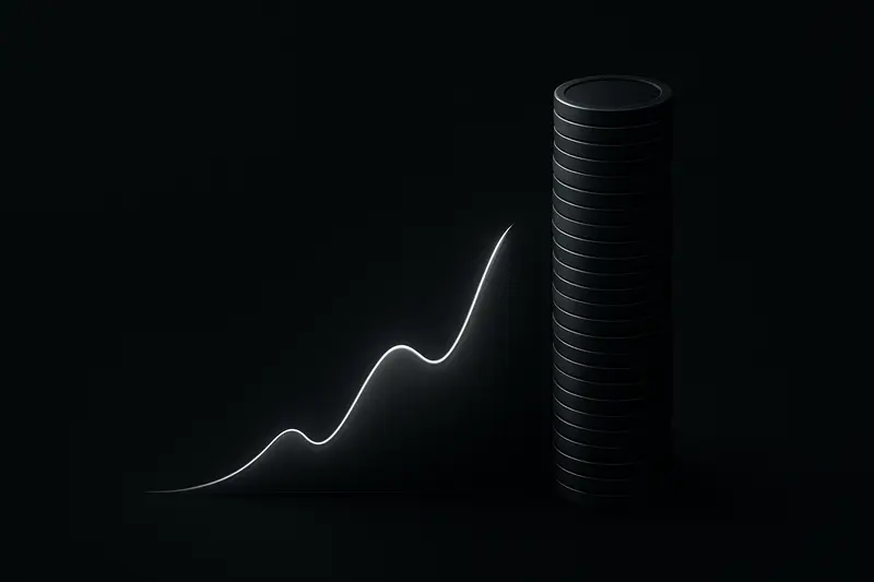 Neon probability curve rising into stacked luminous coins, surrounded by faint network nodes on a matte black background.