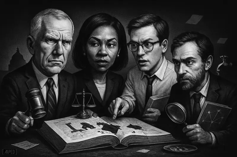 Four political and policy caricatures crowd an open law book with missing pieces, gavels and scales, under moody Capitol and White House shadows.