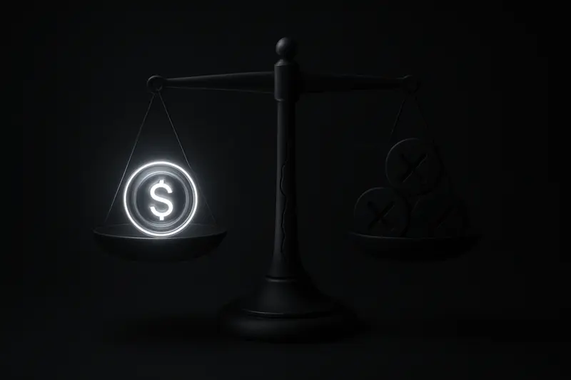 Cracked metallic balance scale holding a glowing coin on one side and scattered dim voting chips on the other, black background.