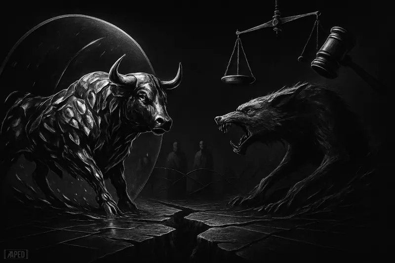 Two exaggerated grayscale market beasts face off across a cracked trading floor beneath legal scales and a gavel in a dark data-grid setting.