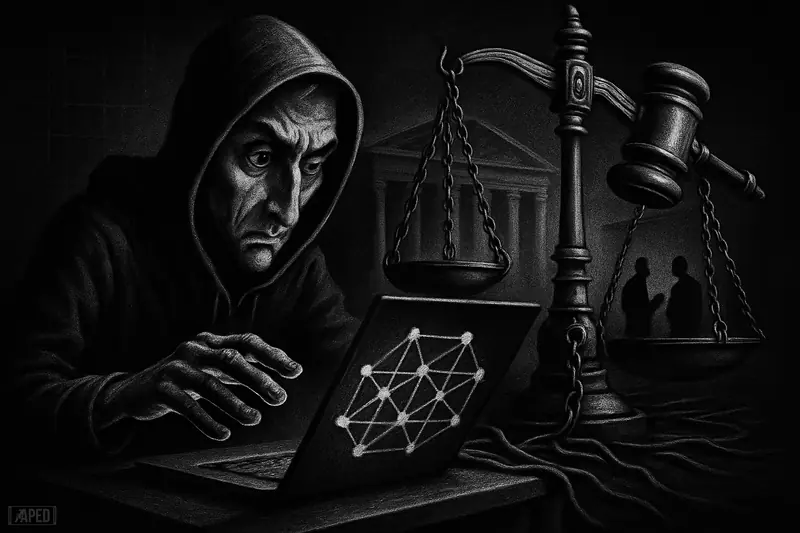 A hooded developer shields a glowing DeFi network from looming legal scales and chains in a dark congressional setting.