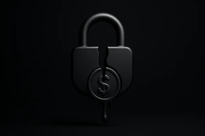Cracked iron padlock around a glowing coin dripping liquid, with faint circuit lines and shadowy banking columns in the background