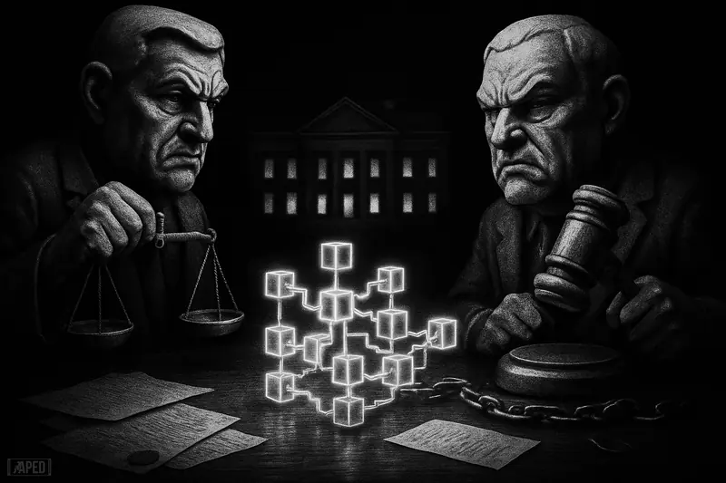 Two stern stone regulators confront each other over a structured crypto framework, with a shadowy government mansion behind them in grayscale.