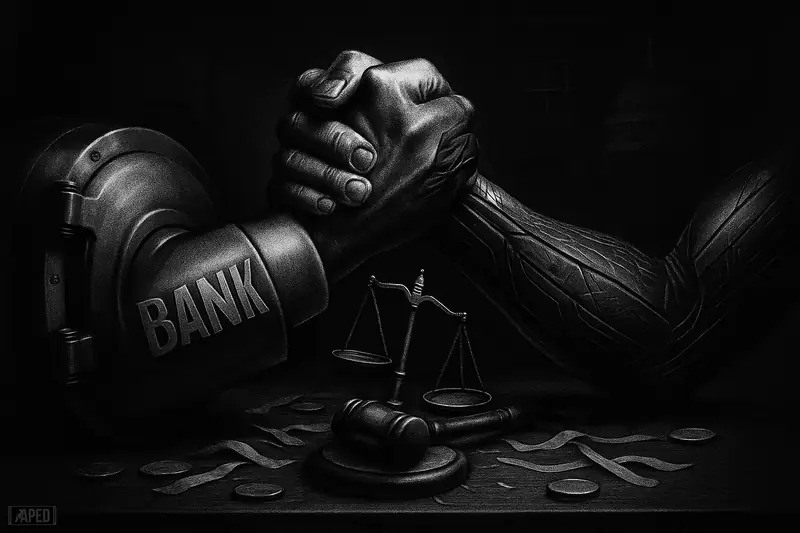 Two exaggerated hands arm-wrestle on a dark table, crushing a gavel and scales, with a vault, blank coins, and shadowy capitol backdrop.