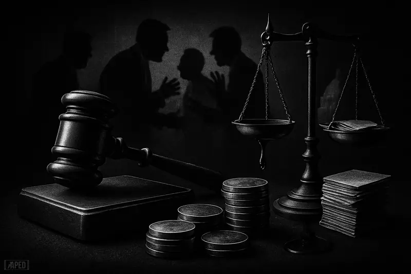 A moody grayscale policy scene with scales, gavel, digital ledger, blank stablecoin discs, and shadowy Washington figures debating in darkness.
