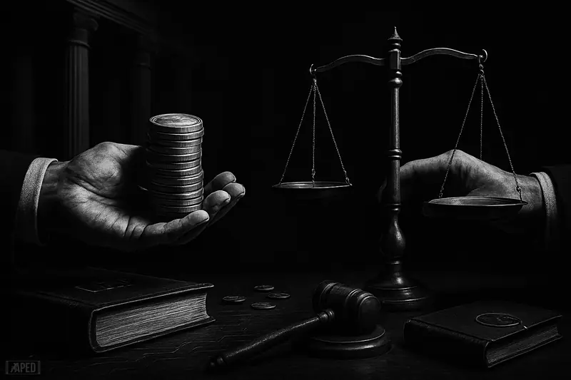 Shadowy congressional negotiation scene with suited hands, scales, stablecoin tokens, and legal props in stark grayscale cinematic lighting.