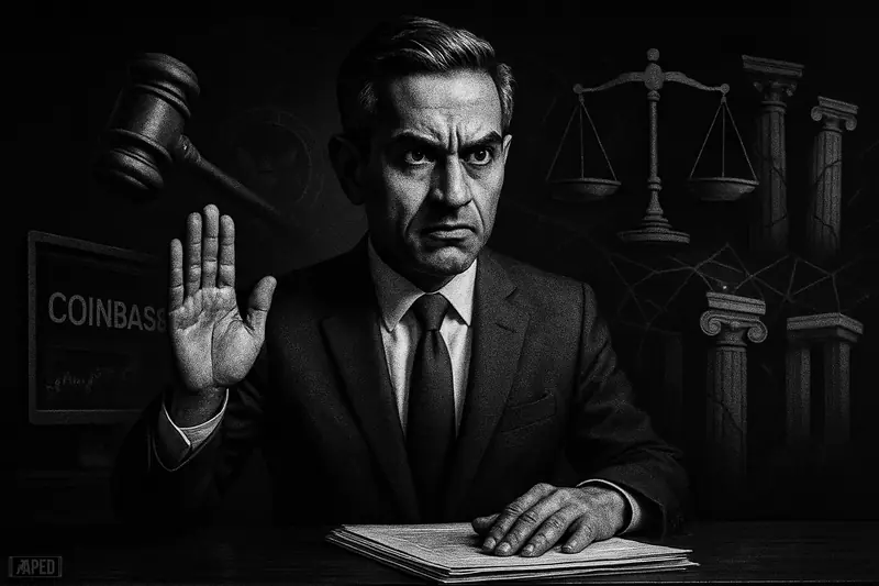 Paul Grewal stands in a shadowy hearing-room scene, raising an objection amid legal papers, regulatory symbols, and exchange-inspired technology.