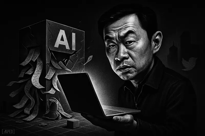 Chaofan Shou reveals a laptop before a ruptured AI vault spilling code, with ominous pre-IPO symbols in a dark grayscale scene.