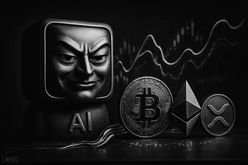 A dark AI oracle machine looms over three crypto symbols on a trading desk, with swirling market-flow effects in monochrome.