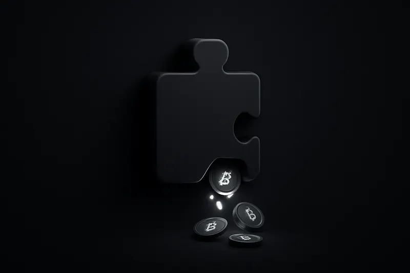 On a black background, a glossy browser extension puzzle piece is split open, leaking neon coin-like particles and code shards.