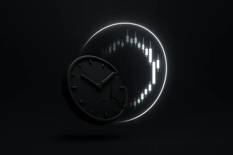 A shattered clock dial floats in darkness, encircled by a luminous ring of candlestick-like bars and faint grid lines.
