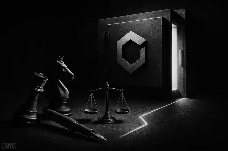 A dark exchange vault opens onto a glowing roadmap, with a checkmate chess piece, a signing pen, and mirrored governance scales in front.