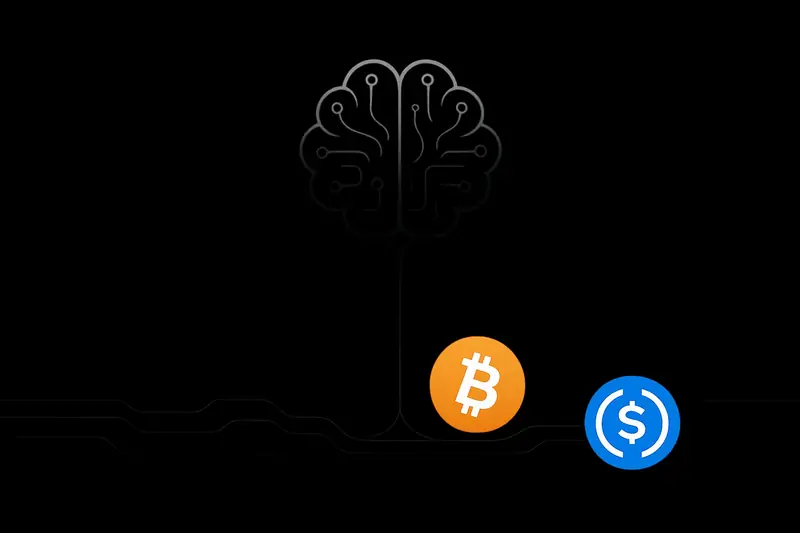 A dark circuit-like brain dripping luminous coin droplets into a flowing chain of blocks on a black background.