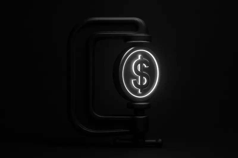 Single luminous coin encircled by a tightening metallic clamp, casting sharp reflections on a dark, minimalist background.
