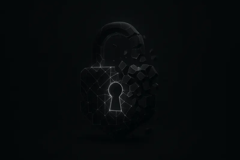Glowing geometric padlock made of lattice lines emerging from scattered qubit-like cubes on a dark, starry background.