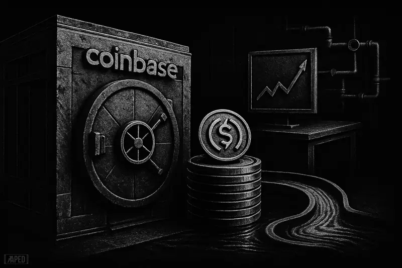 A scarred exchange-like vault stands firm as metallic stablecoin discs and infrastructure pipes signal stronger outlook in a dark grayscale scene.