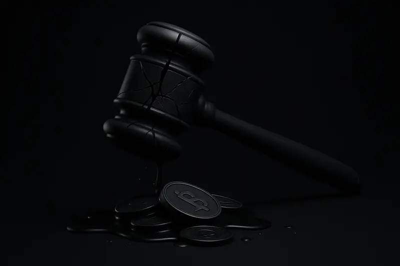 A cracked glass gavel floats above scattered glowing coins, with thin fissures and dripping light on a black background.