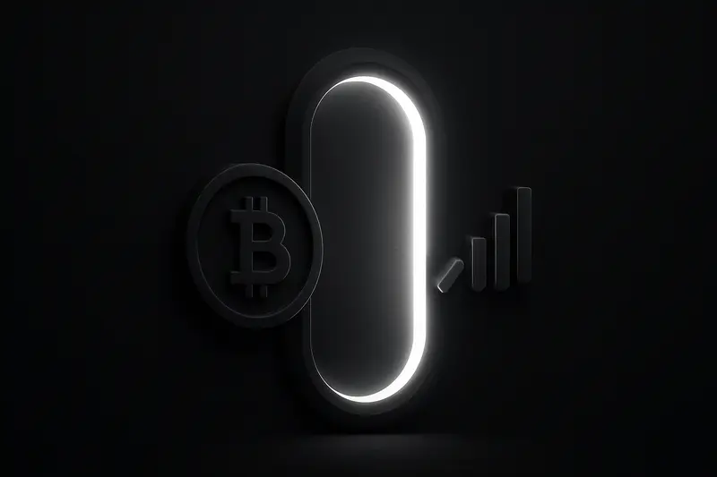 A dark minimalist portal ring where a crypto coin glyph dissolves into candlestick chart lines on a black background.