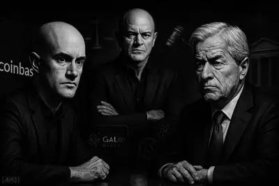 Brian Armstrong and Jamie Dimon face off across a table while Mike Novogratz watches in a dark grayscale regulatory showdown.
