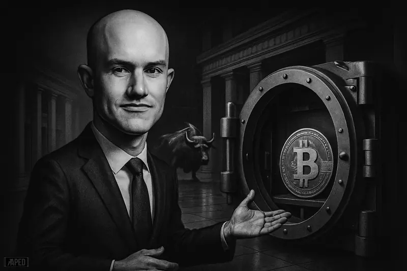 Brian Armstrong in a dark suit opens a secure vault inside a moody institutional trading hall with bitcoin and finance symbolism.