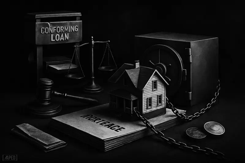 A grayscale cinematic scene of a tiny house chained to a steel crypto vault, with a loan press, gavel, and scales in shadow.